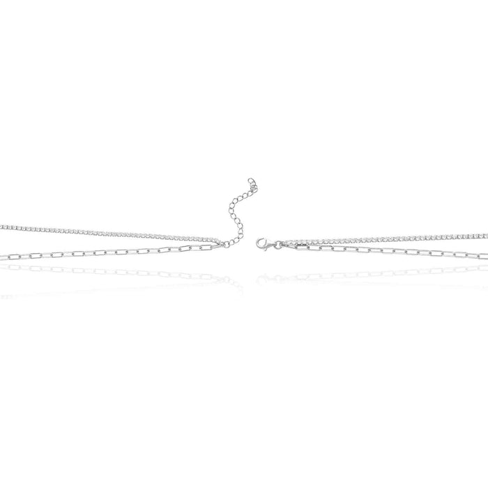 White Gold Over Sterling Silver Layered Paperclip CZ Tennis Necklace 16"-18" Adjustable