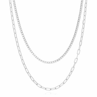 White Gold Over Sterling Silver Layered Paperclip CZ Tennis Necklace 16"-18" Adjustable