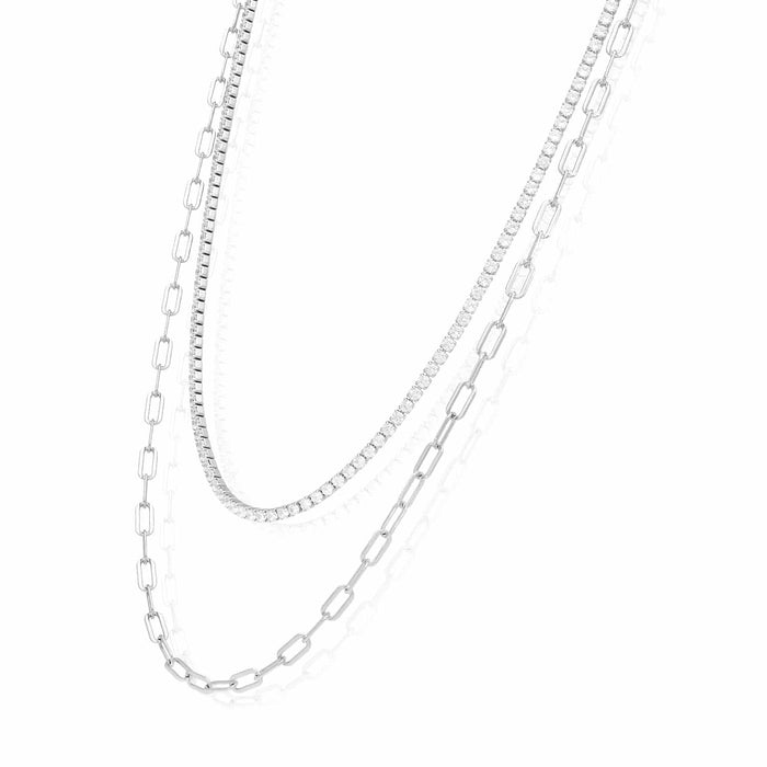 White Gold Over Sterling Silver Layered Paperclip CZ Tennis Necklace 16"-18" Adjustable