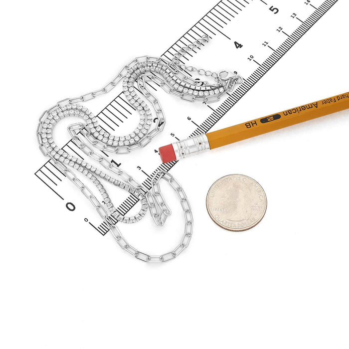 White Gold Over Sterling Silver Layered Paperclip CZ Tennis Necklace 16"-18" Adjustable