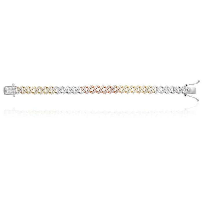 Tri-Color Gold Over Silver 8.5mm Miami Cuban CZ Bracelet (Solid Links) 7"-9"