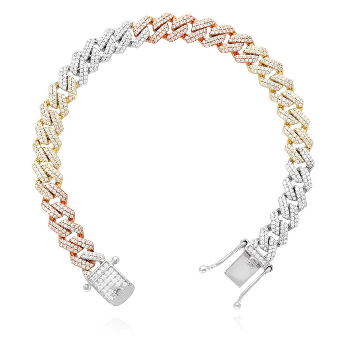 Tri-Color Gold Over Silver 8.5mm Miami Cuban CZ Bracelet (Solid Links) 7"-9"