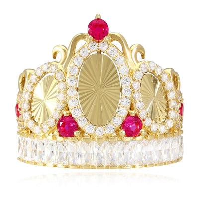 14K Yellow Gold 1.90CTW CZ & Ruby Royal Crown Cocktail Ring