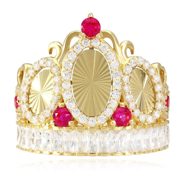 14K Yellow Gold 1.90CTW CZ & Ruby Royal Crown Cocktail Ring
