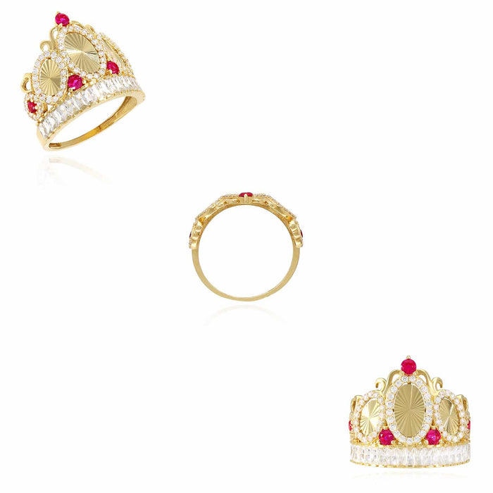 14K Yellow Gold 1.90CTW CZ & Ruby Royal Crown Cocktail Ring