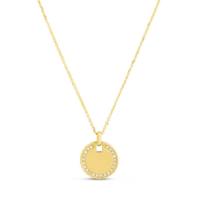 0.10CTW Real Diamond 14K Yellow Gold Round Tag Pendant Necklace 16"-18" Adjus