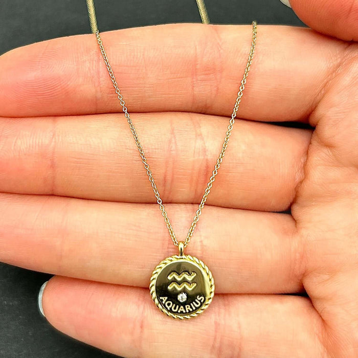 0.01CT Natural Diamond 14K Gold Zodiac Medallion Necklace (Hollow) Adjustable 16"-18"