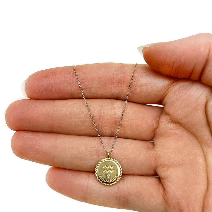 0.01CT Natural Diamond 14K Gold Zodiac Medallion Necklace (Hollow) Adjustable 16"-18"