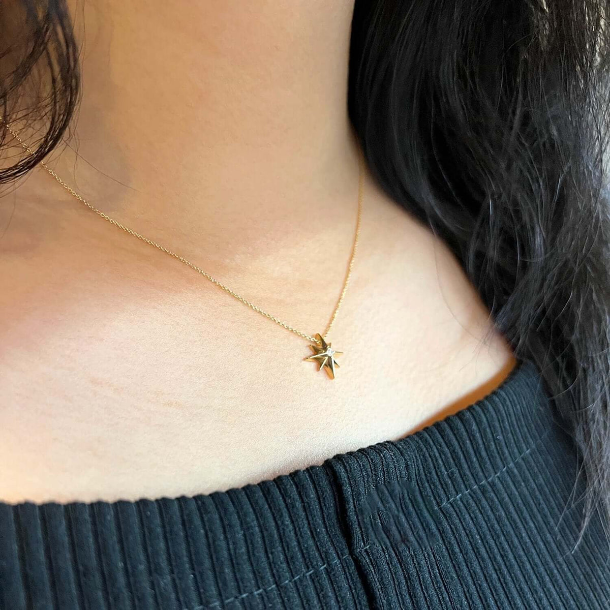 0.03CT Natural Diamond 14K Yellow Gold North Star Necklace (Solid Links) Adjustable 16"-18"