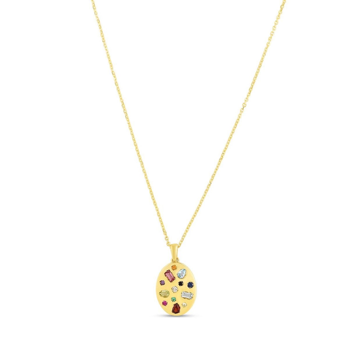 0.02CT Natural Diamond 14K Yellow Gold Inlay Oval Pendant Necklace 16"-18"