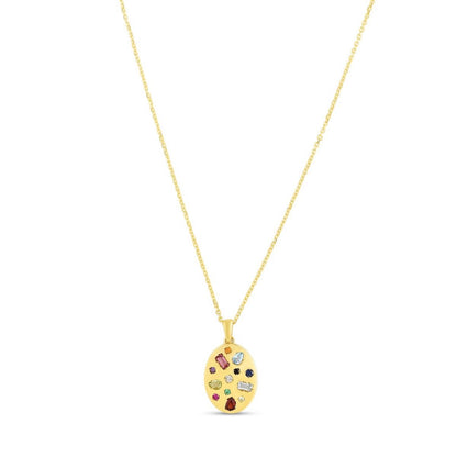 0.02CT Real Diamond 14K Yellow Gold Inlay Oval Pendant Necklace 16"-18"