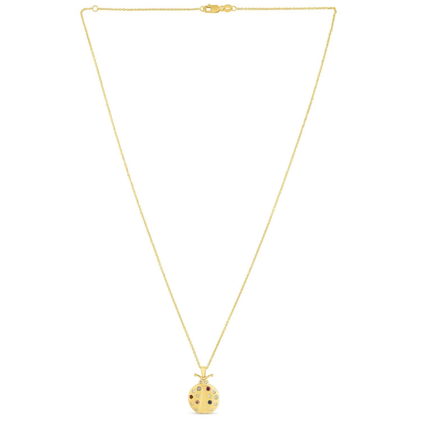 0.10CTW Real Diamond 14K Gold Gemstone Inlay Ladybug Pendant Necklace 16"-18"