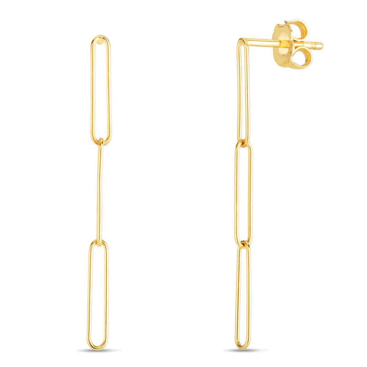 14K Yellow Gold Long Lungo Paperclip Drop Earrings 39mm