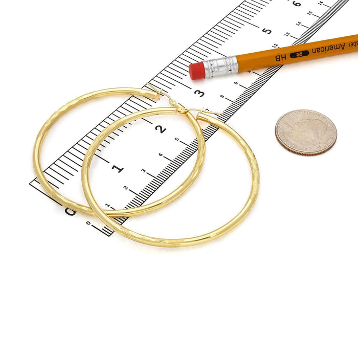 10K Yellow Gold 3mm Diamond-Cut Hoop Earrings 2.5"