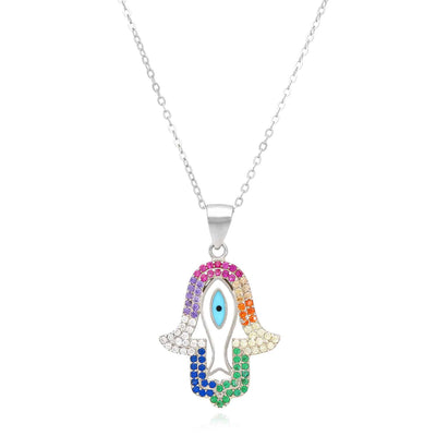 Sterling Silver Multi-Color CZ Evil Eye Hamsa Pendant Necklace 18"