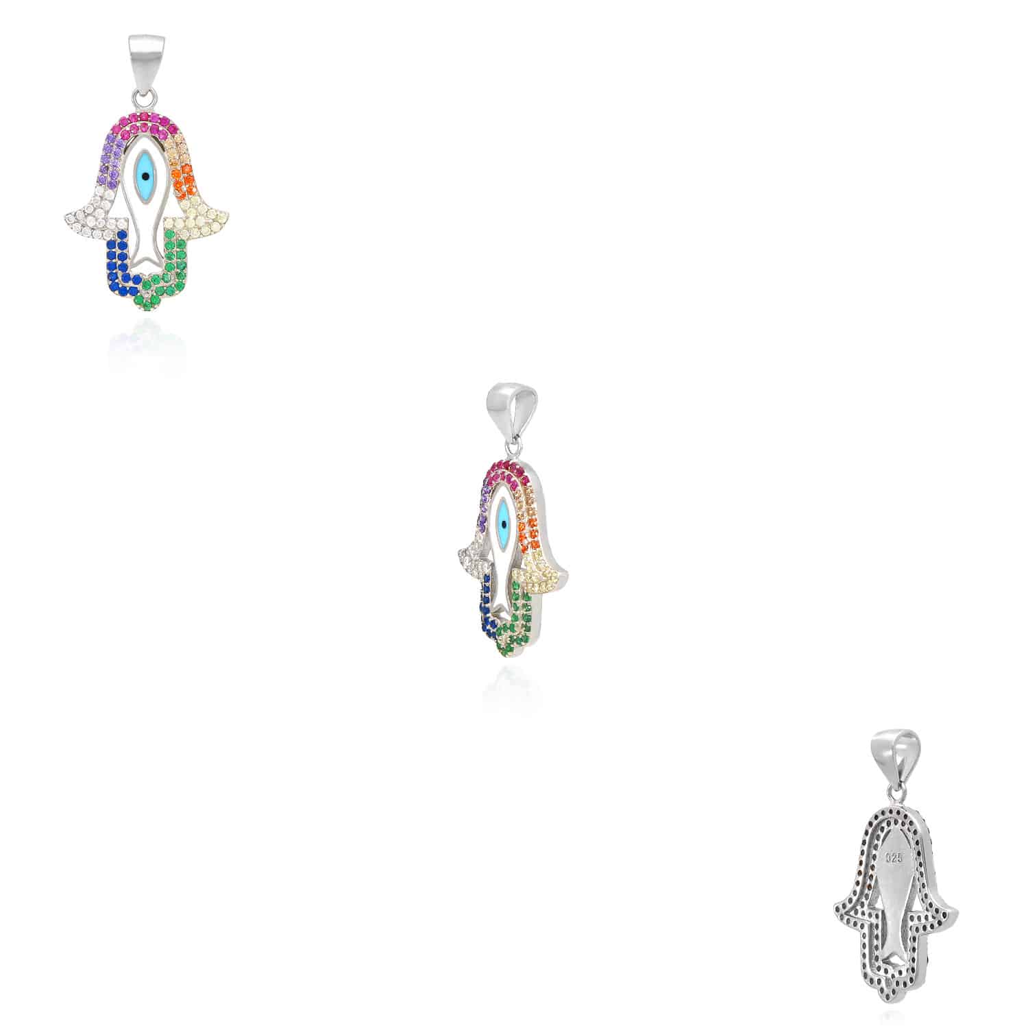 925 Silver Multi-Color CZ Evil Eye Hamsa Pendant Necklace 18