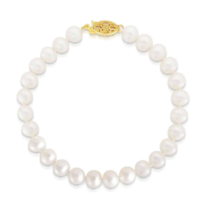 14K Yellow Gold 6mm Cultured Pearls Fish Clasp Bracelet (Solid Links) 7"