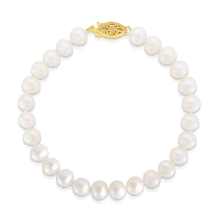 14K Yellow Gold 6mm Cultured Pearls Fish Clasp Bracelet (Solid Links) 7"