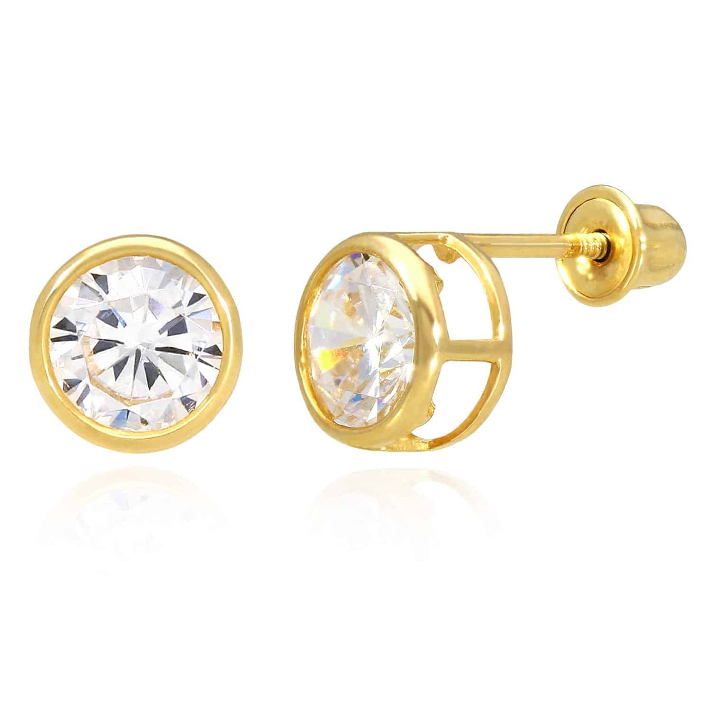 14K Real Gold Bezel CZ Screw Back Stud Earrings 4mm-6mm