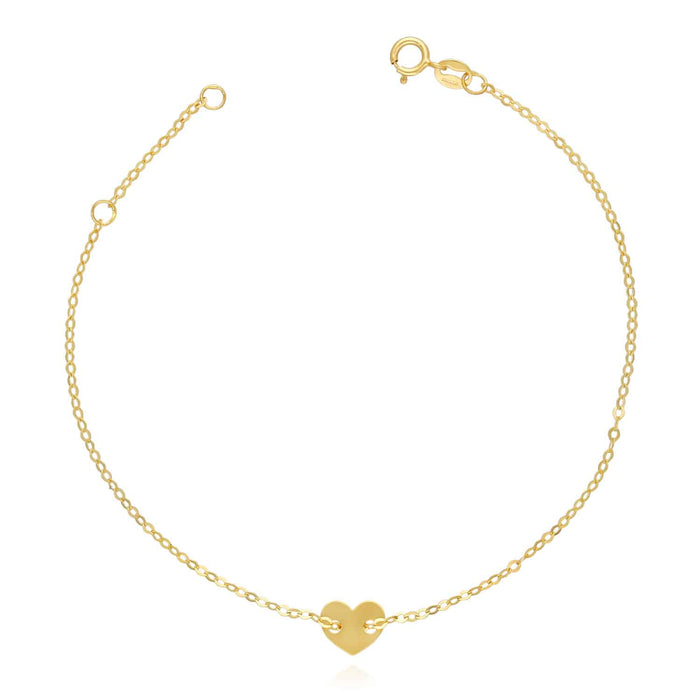 14K Yellow Gold Cable Heart Charm Bracelet 6.25"-7" Adjustable (Hollow)
