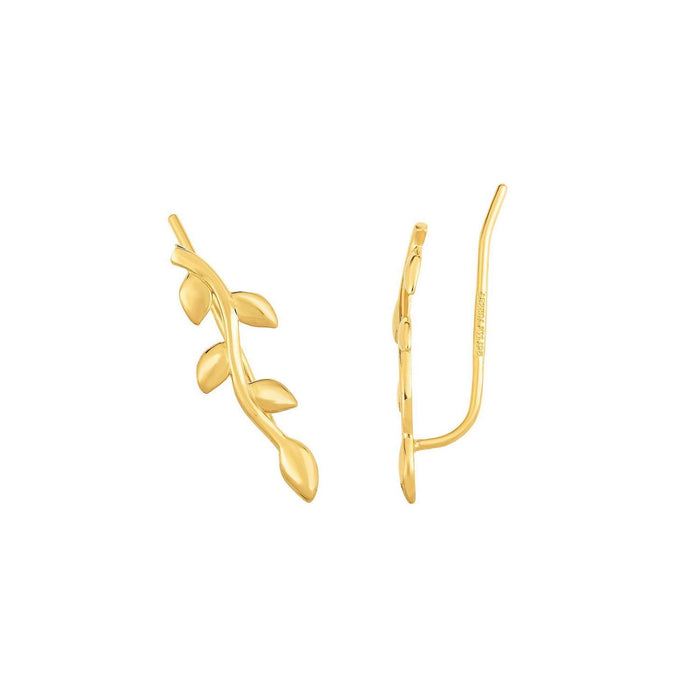 14K Yellow Gold Leaf Ear Climber Earrings 20mm
