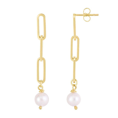 14K Yellow Gold Cultured Pearls Paperclip Drop Earrings 50mm