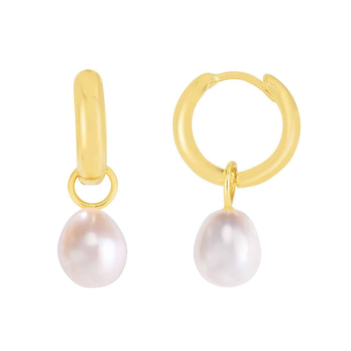 14K Yellow Gold Real Cultured Pearl Drop Huggie Hoop Earrings 22.5mm