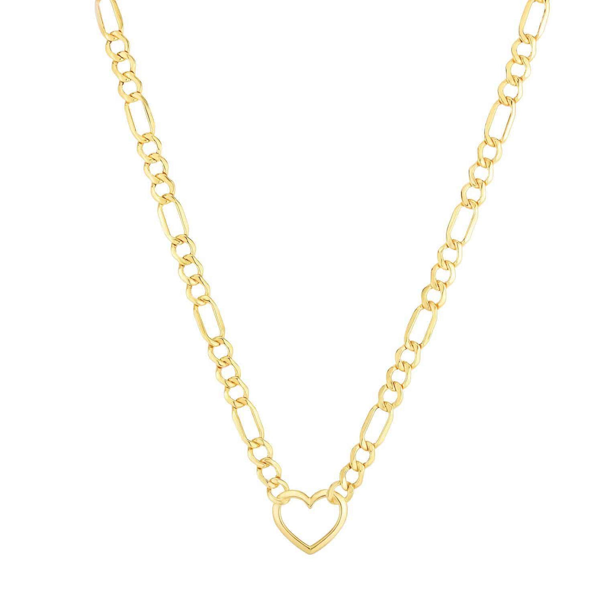 14K Yellow Gold Open Heart Figaro Necklace (Hollow) 18"