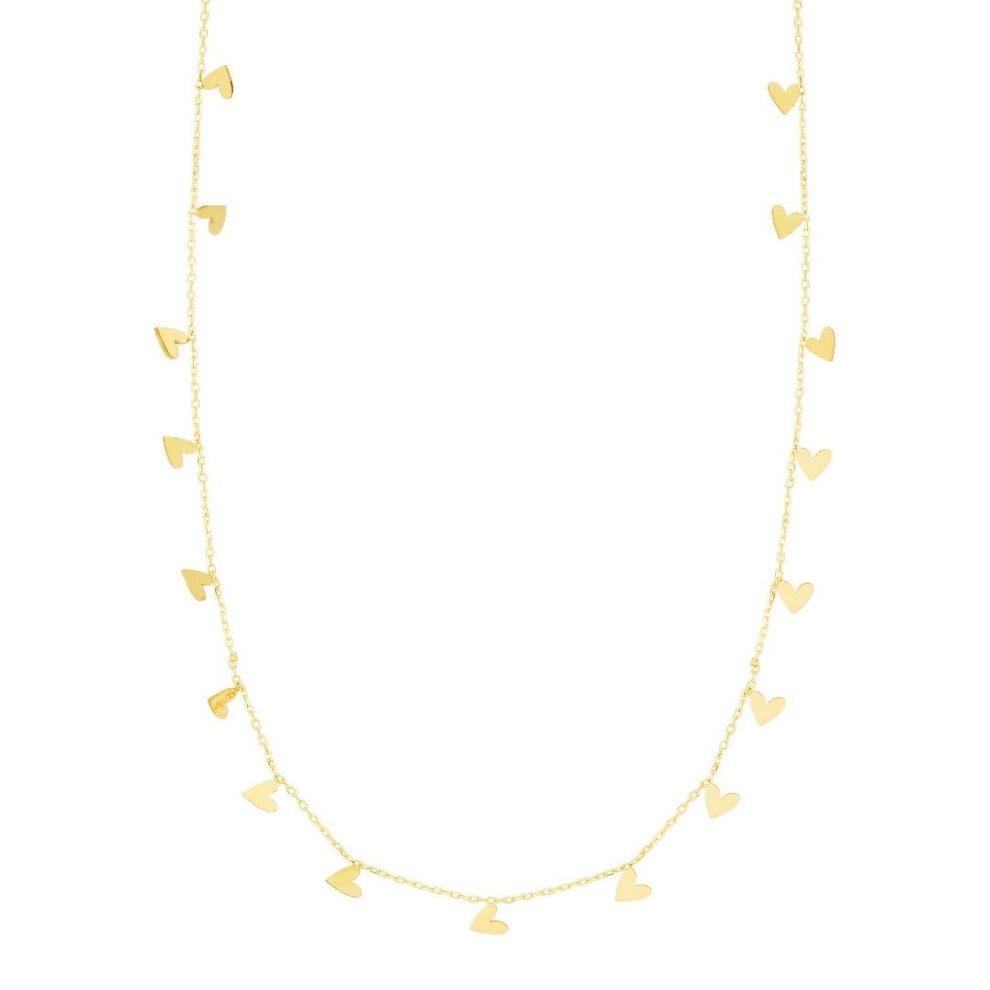 14K Yellow Gold Dangling Hearts Cable Chain Necklace 16"-18" Adjustable