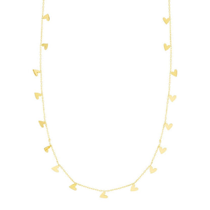 14K Yellow Gold Dangling Hearts Cable Chain Necklace 16"-18" Adjustable