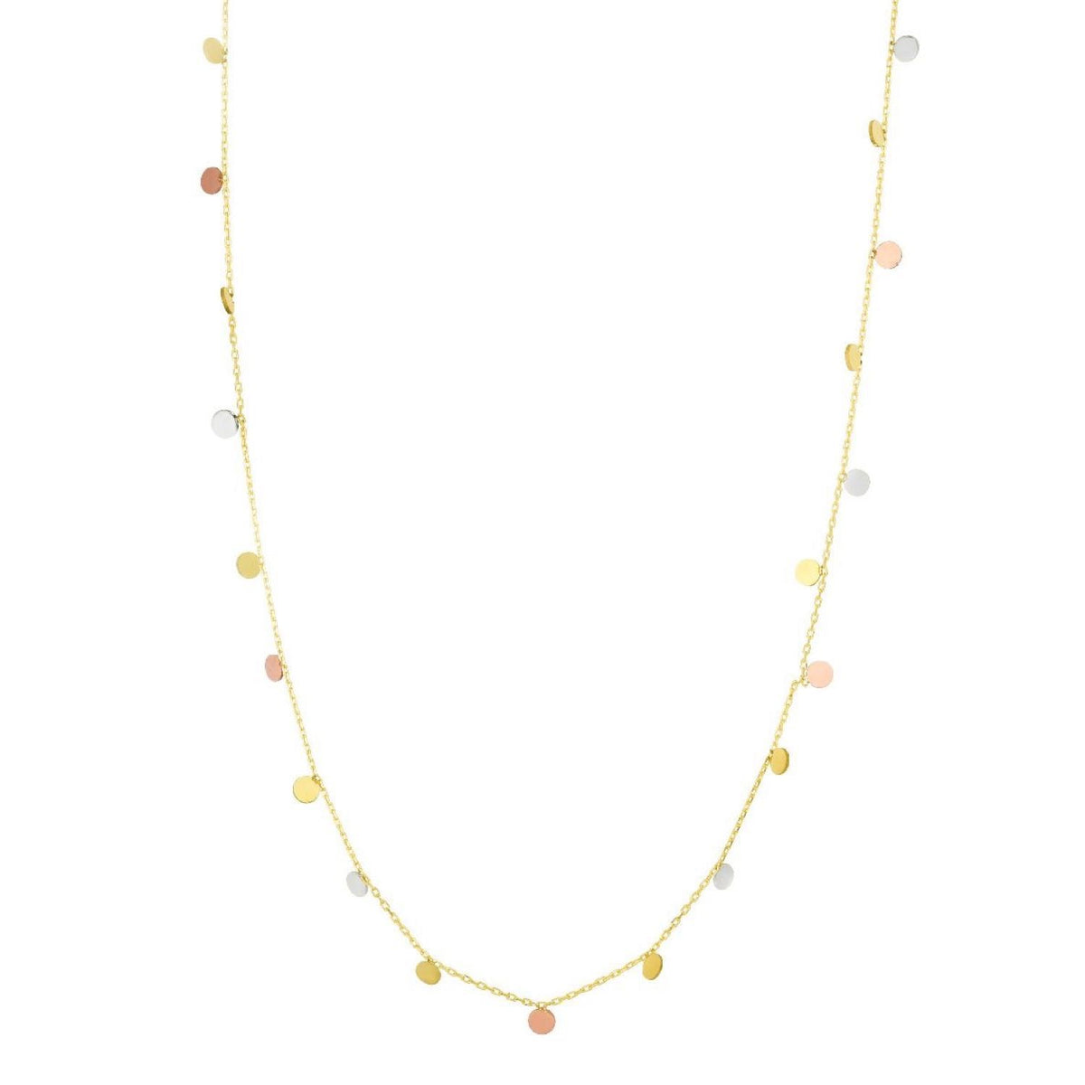 14K Tri-Color Gold Dangling Circles Cable Chain (Hollow) 16"-18" Adjustable