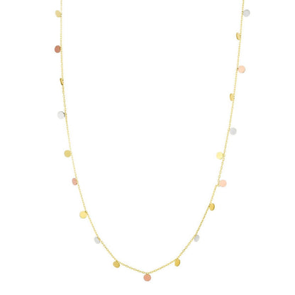 14K Tri-Color Gold Dangling Circles Cable Chain Necklace 16"-18" Adjustable
