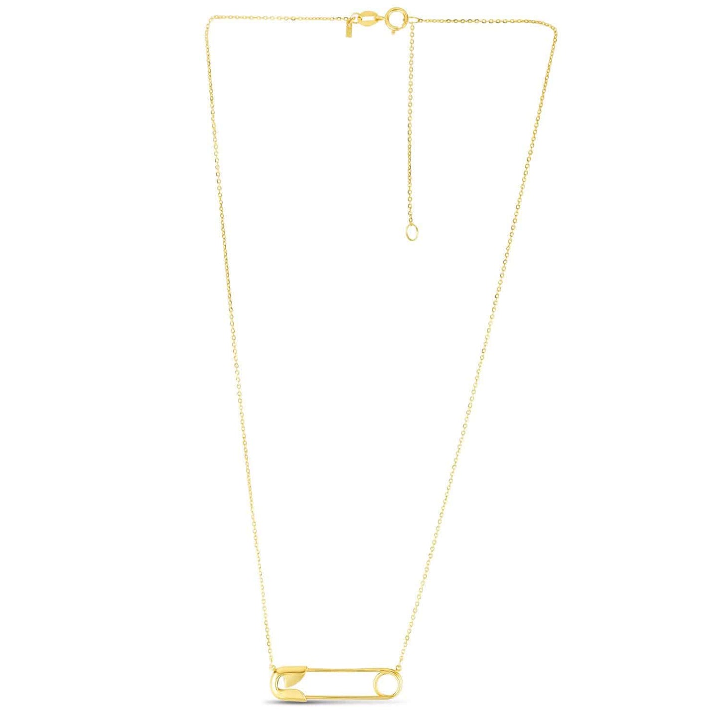 14K Yellow Gold Safety Pin Pendant Cable Chain Necklace 16"-18" Adjustable