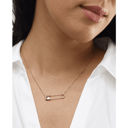 14K Yellow Gold Safety Pin Pendant Cable Chain Necklace 16"-18" Adjustable
