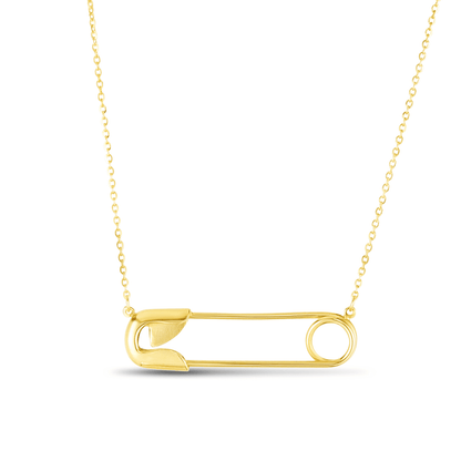14K Yellow Gold Safety Pin Pendant Cable Chain Necklace 16"-18" Adjustable