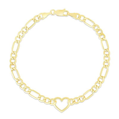 14K Yellow Gold 4.5mm Figaro Heart Charm Bracelet (Hollow) 7"