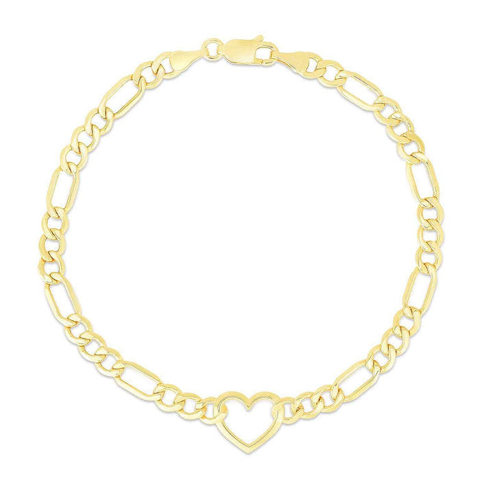 14K Yellow Gold 4.5mm Figaro Heart Charm Bracelet (Hollow) 7"