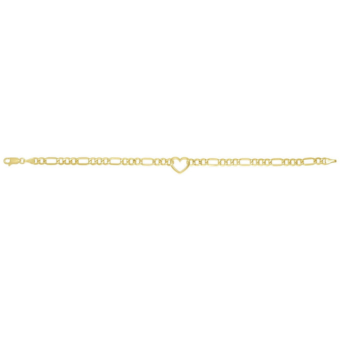 14K Yellow Gold 4.5mm Figaro Heart Charm Bracelet (Hollow) 7"
