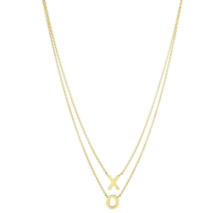 14K Yellow Gold Hugs & Kisses X O Pendant With Layered Cable Chain Necklace 17"