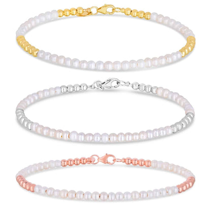 14K Gold Ball Real Freshwater Pearl Alternating 2mm Bead Bracelet 6.5"
