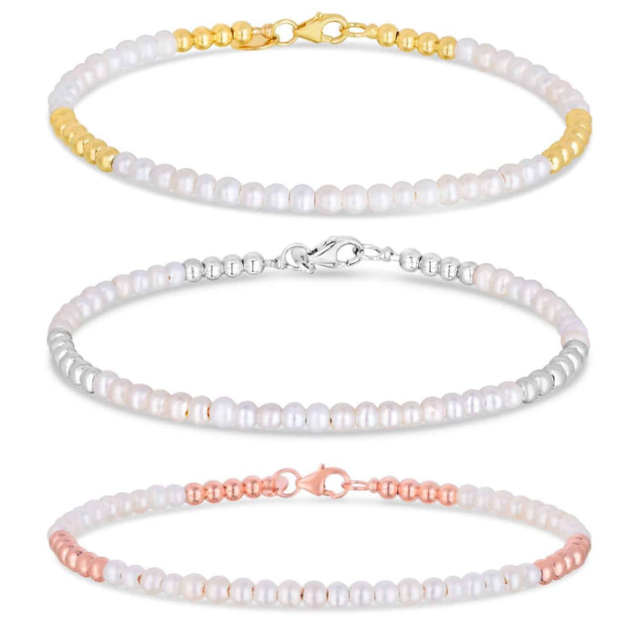 14K Gold Ball Real Freshwater Pearl Alternating 2mm Bead Bracelet (Hollow) 6.5"