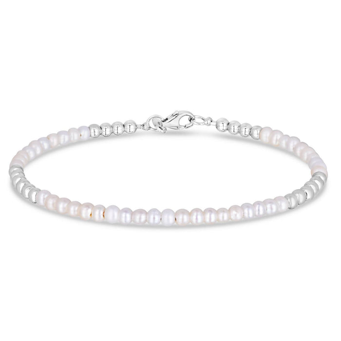 14K Gold Ball Real Freshwater Pearl Alternating 2mm Bead Bracelet (Hollow) 6.5"