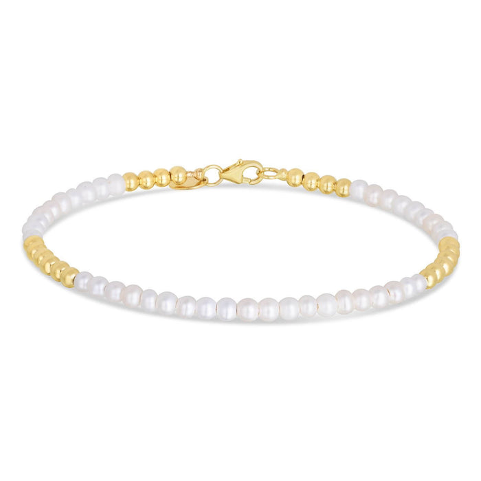 14K Gold Ball Real Freshwater Pearl Alternating 2mm Bead Bracelet (Hollow) 6.5"