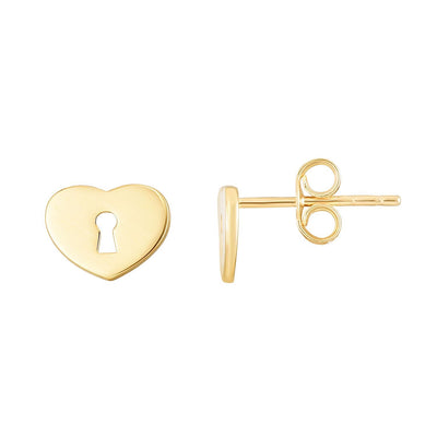 14K Yellow Gold Padlock Heart Stud Earrings 6mm