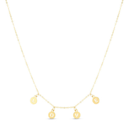 14K Yellow Gold Dangling LOVE Discs Cable Chain Charm Necklace 16"-18" Adj.