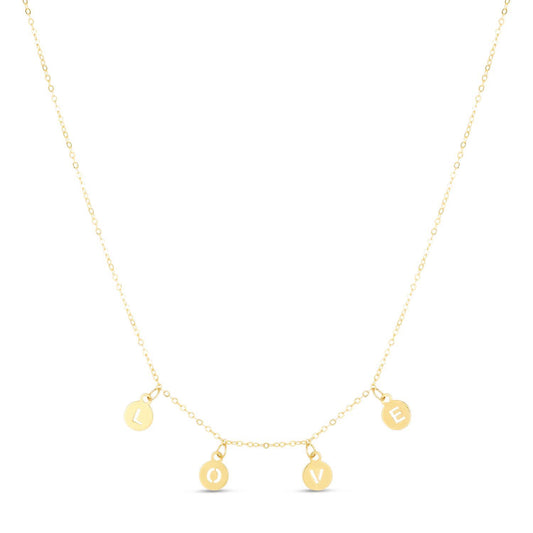 14K Yellow Gold Dangling LOVE Discs Cable Chain Charm Necklace 16"-18" Adj.