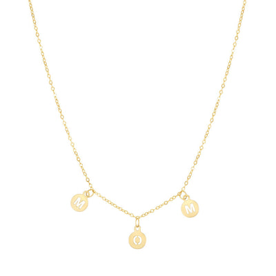 14K Yellow Gold Dangling MOM Discs Cable Charm Necklace 16"-18" Adjustable