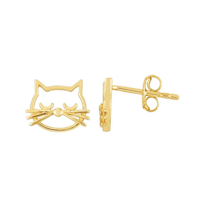 14K Yellow Gold Cat Face Stud Earrings 9.5mm