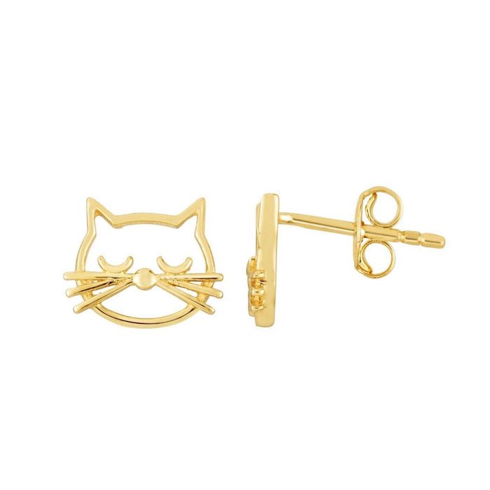 14K Yellow Gold Cat Face Stud Earrings 9.5mm
