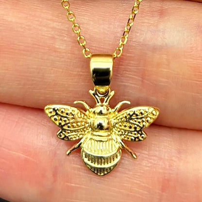 14K Real Gold Bumblebee Pendant Cable Chain Necklace 16"-18" Adjustable